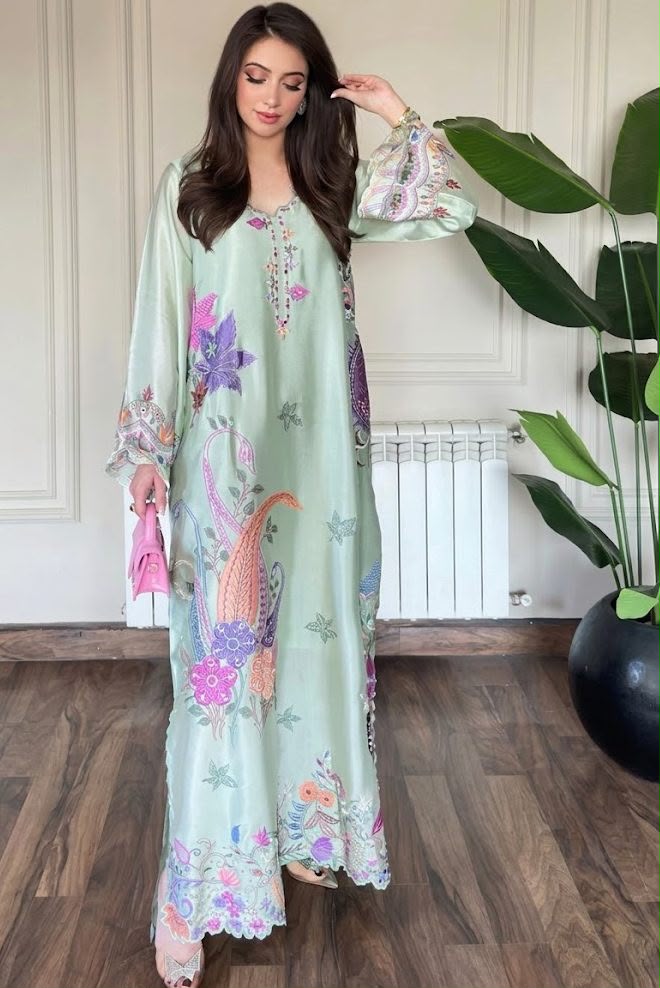 Most Elegant Kaftan Premium Shamoz Silk Multi Thread Embroidered 2-Piece Unstitched Suit – Silk Collection 2026/27 – Mint Green (view 2)
