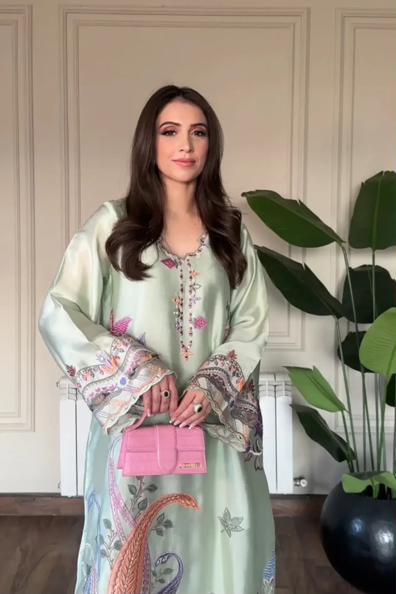 Most Elegant Kaftan Premium Shamoz Silk Multi Thread Embroidered 2-Piece Unstitched Suit – Silk Collection 2026/27 – Mint Green (view 3)