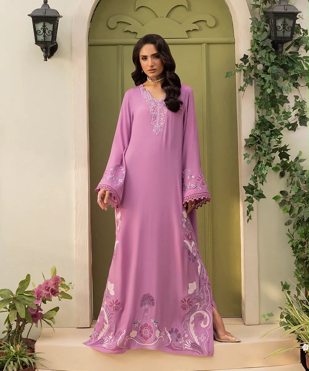 Top Notch Viral Kaftan Silk Luxury Festive Collection 2026/27 Premium Shamoz Silk Heavy Embroidered 2-Piece Unstitched Suit – Orchid