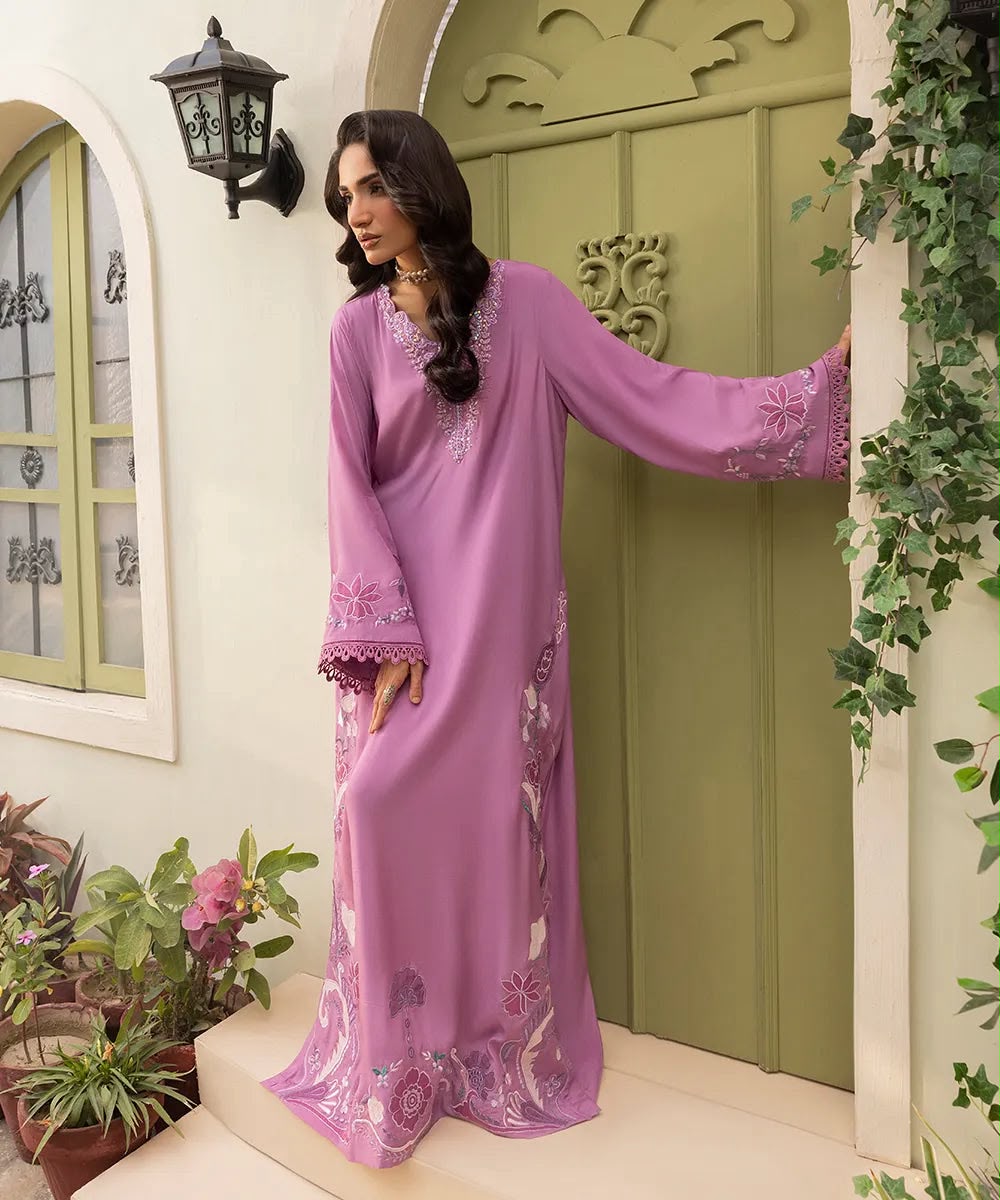 Top Notch Viral Kaftan Silk Luxury Festive Collection 2026/27 Premium Shamoz Silk Heavy Embroidered 2-Piece Unstitched Suit – Orchid (view 2)