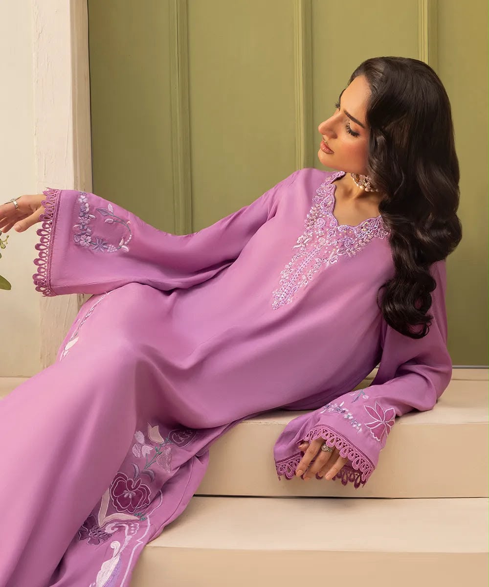 Top Notch Viral Kaftan Silk Luxury Festive Collection 2026/27 Premium Shamoz Silk Heavy Embroidered 2-Piece Unstitched Suit – Orchid (view 3)