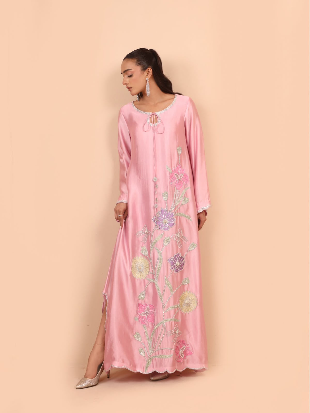 Top Notch Viral Kaftan Silk Luxury Festive Collection 2026/27 Premium Shamoz Silk Satin Applique Embroidered 2-Piece Unstitched Suit – Pink