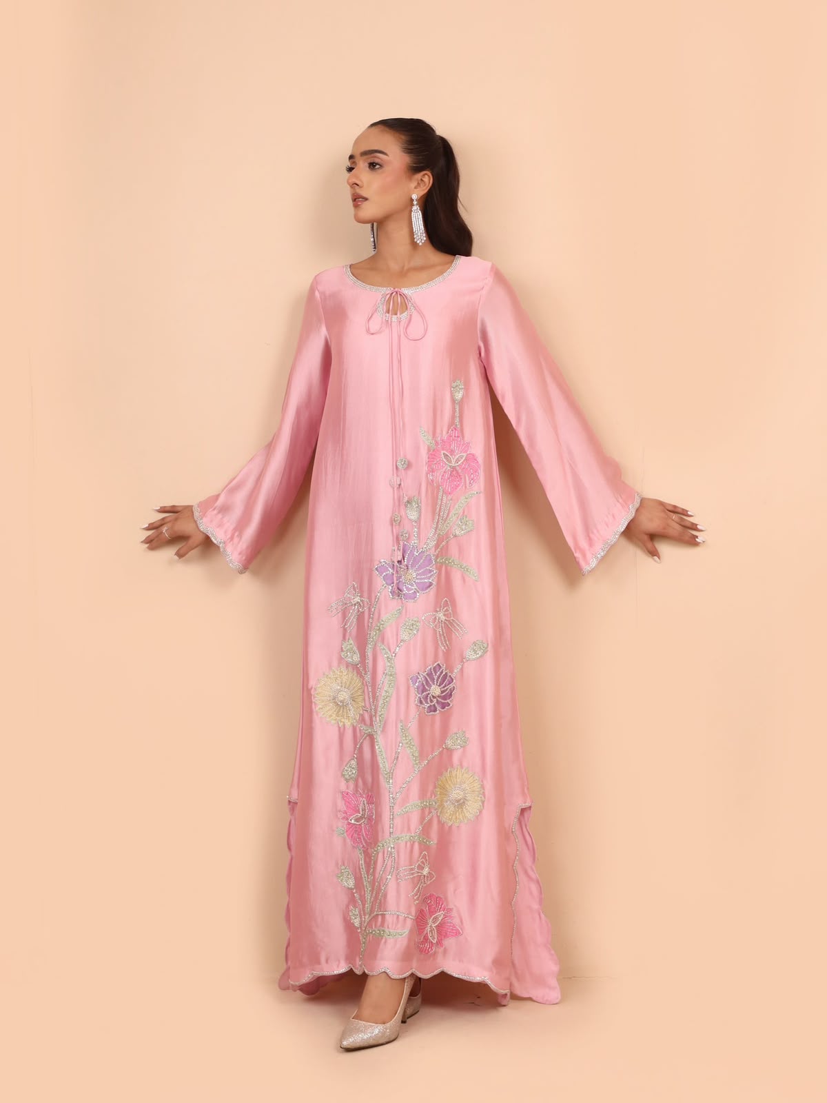 Top Notch Viral Kaftan Silk Luxury Festive Collection 2026/27 Premium Shamoz Silk Satin Applique Embroidered 2-Piece Unstitched Suit – Pink (view 2)