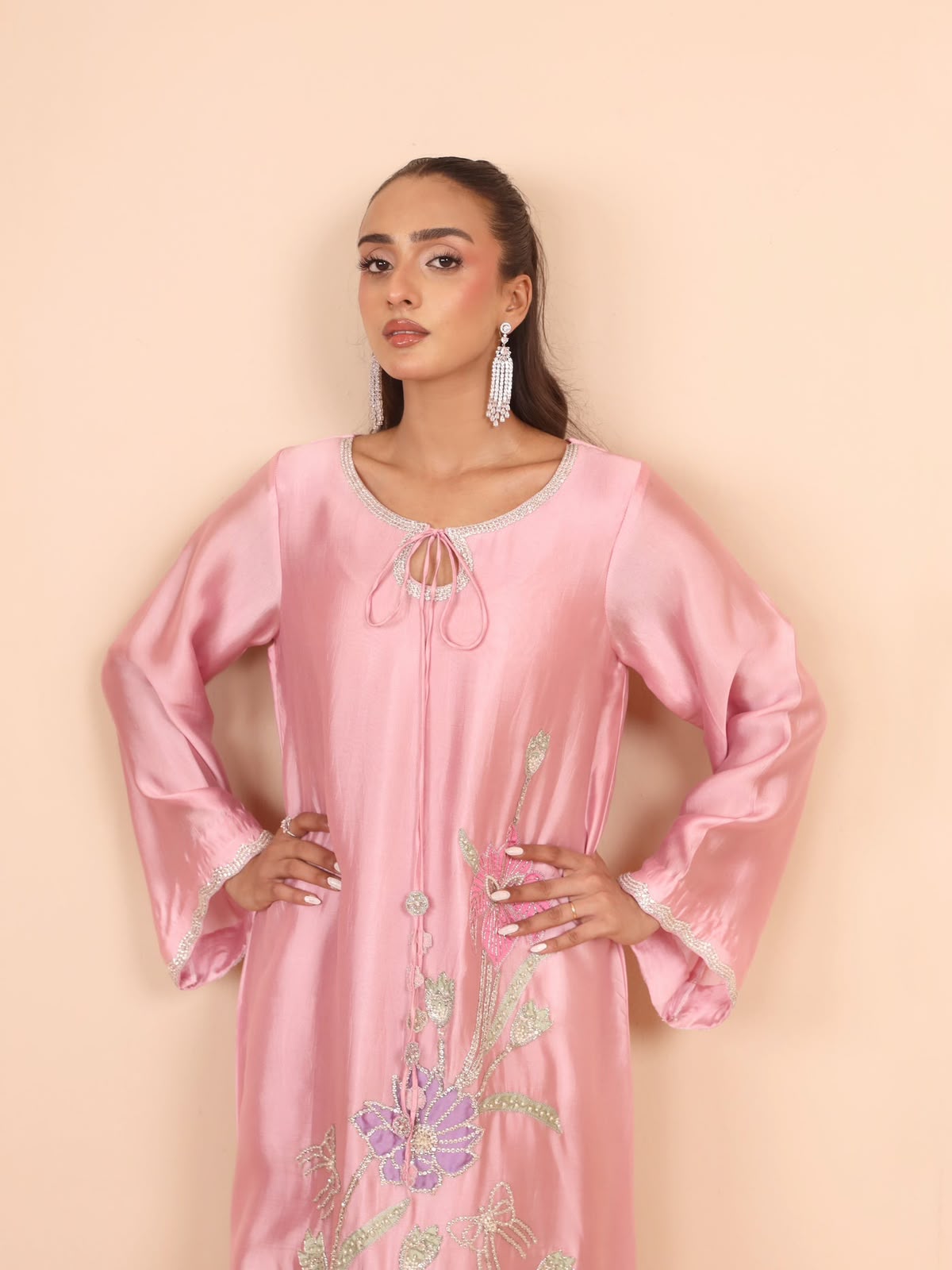 Top Notch Viral Kaftan Silk Luxury Festive Collection 2026/27 Premium Shamoz Silk Satin Applique Embroidered 2-Piece Unstitched Suit – Pink (view 3)