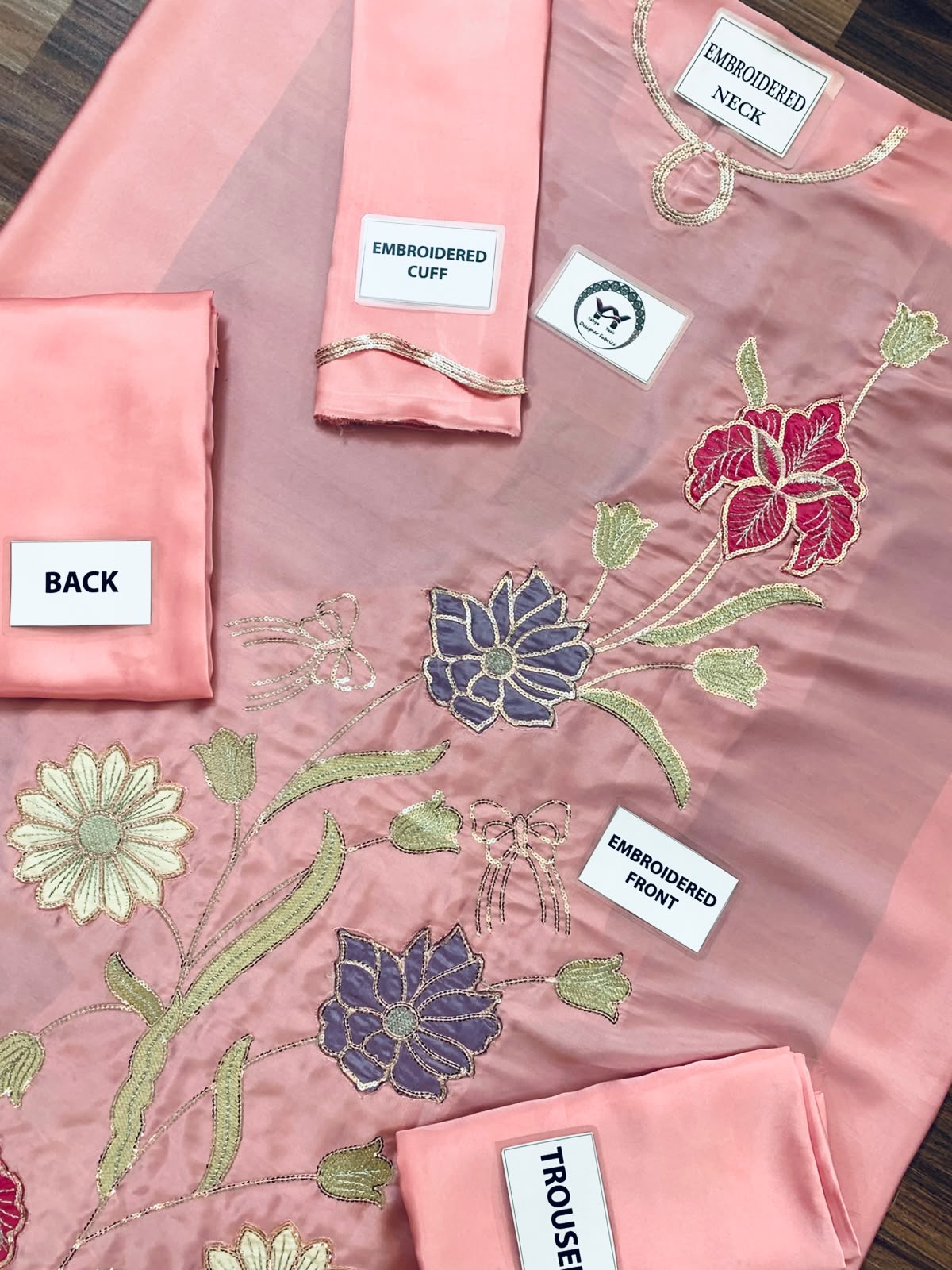 Top Notch Viral Kaftan Silk Luxury Festive Collection 2026/27 Premium Shamoz Silk Satin Applique Embroidered 2-Piece Unstitched Suit – Pink (view 4)