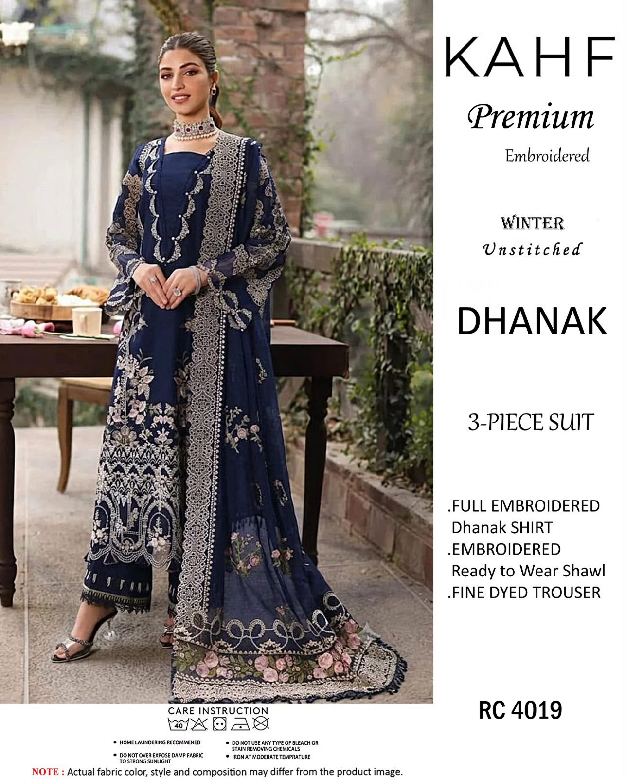 Kahf Premium Heavy Embroidered Dhanak 3-Piece Unstitched Winter Suit with Ready-to-Wear Embroidered Shawl – Teal Blue & Navy Blue