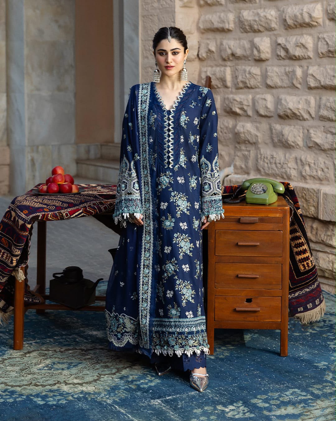 Kahf Winter Dhanak 3-Piece Heavy Thread Embroidered Unstitched Suit with Embroidered Shawl – Navy Blue