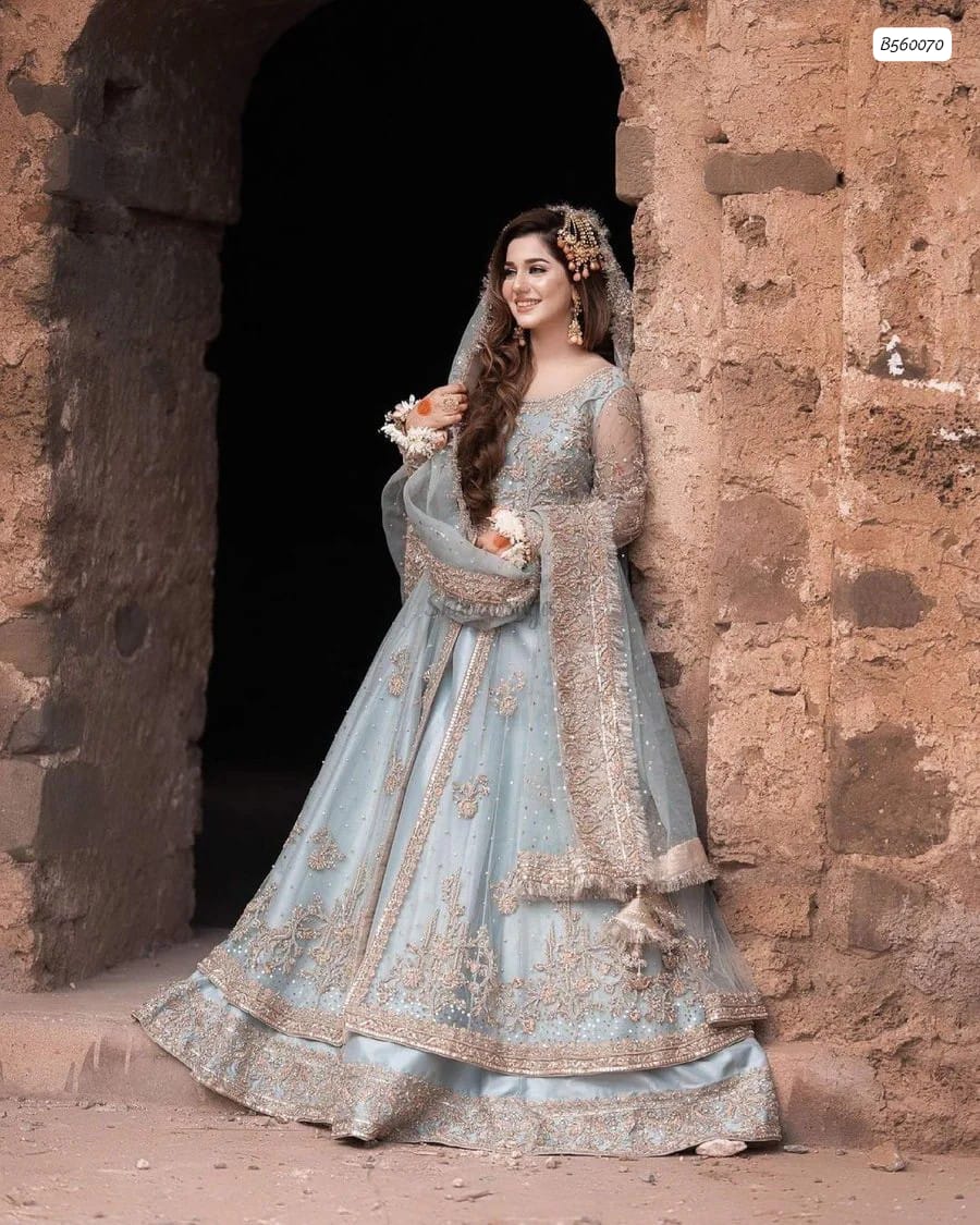 Kashee Bridal Maxi Grandeur Premium Heavy Embroidered 3-Piece Ensemble with Zari, Sequins and Stone Handwork – Ice Blue and Pink (view 2)