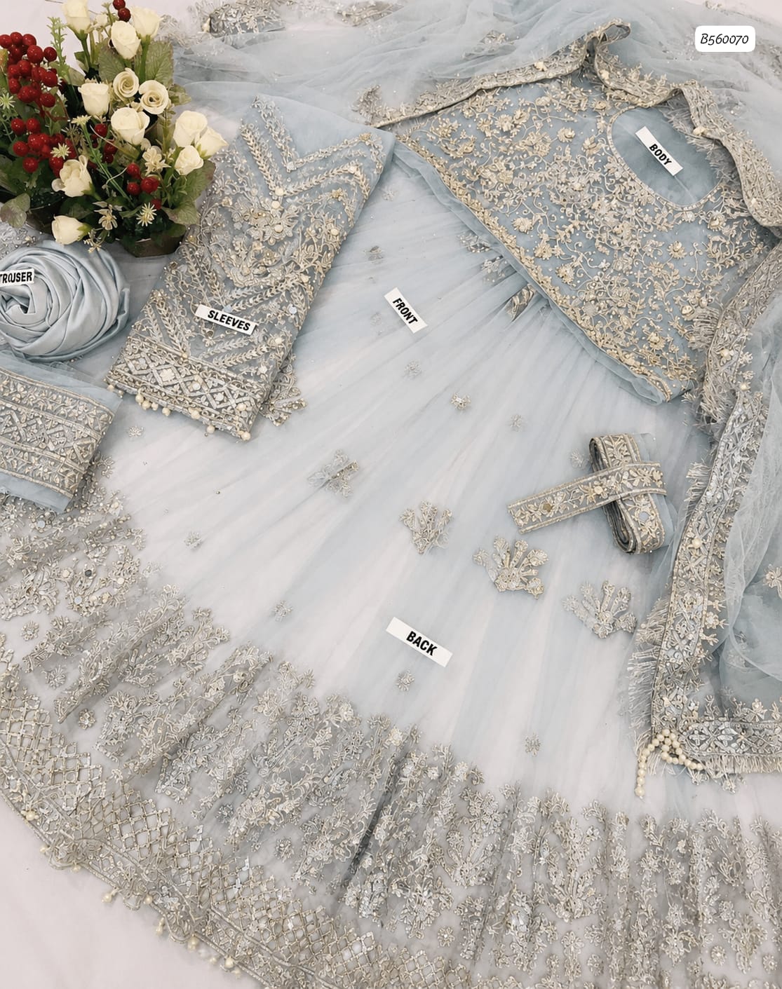 Kashee Bridal Maxi Grandeur Premium Heavy Embroidered 3-Piece Ensemble with Zari, Sequins and Stone Handwork – Ice Blue and Pink (view 4)