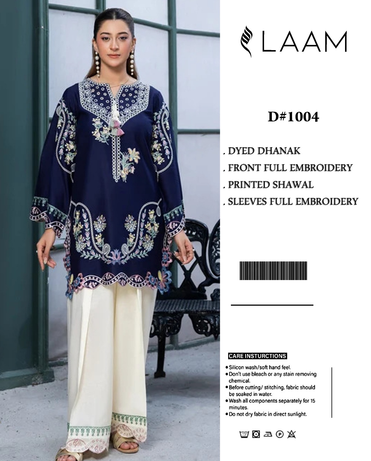 LAAM 1004 Luxury Dhanak 3-Piece Heavy Embroidered Unstitched Suit with Digital Printed Shawl – Navy Blue