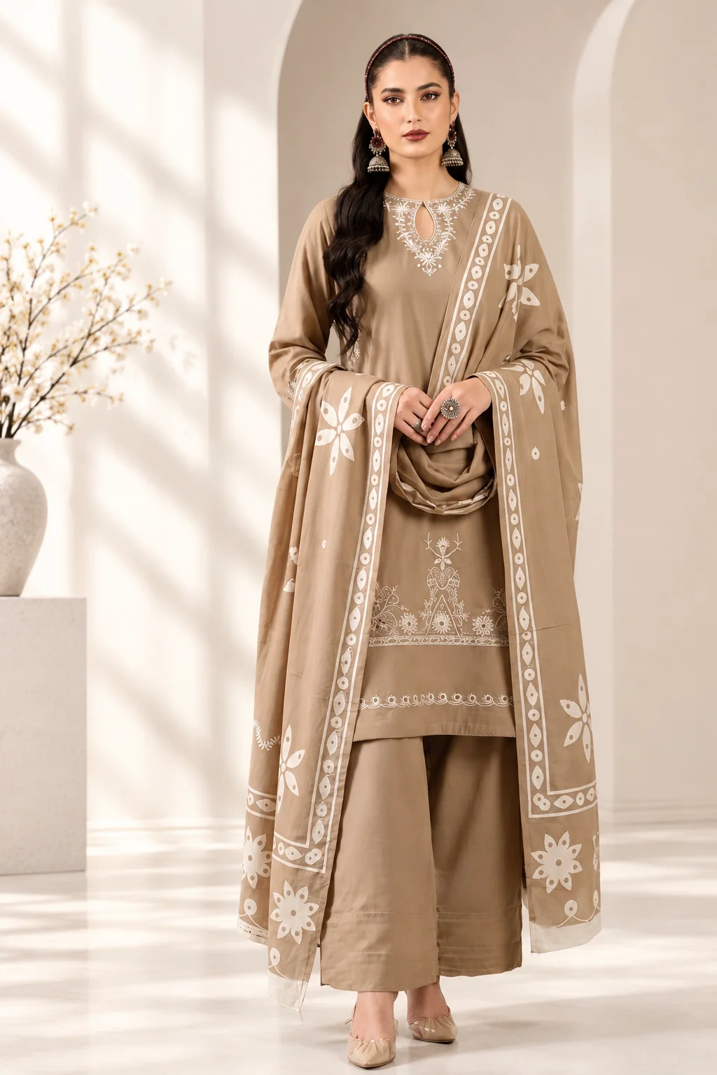 Laam Dhanak 3-Piece Embroidered Unstitched Suit with Digital Printed Shawl – D#331 Camel