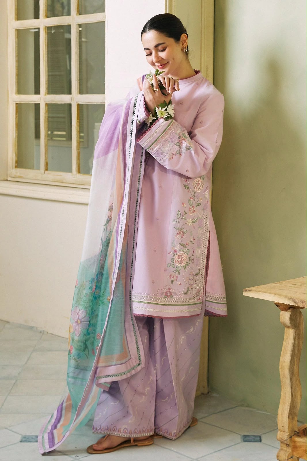 Embroidered 3-Piece Unstitched Suit with Digital Printed Floral Dupatta & Embroidered Trouser – Lilac