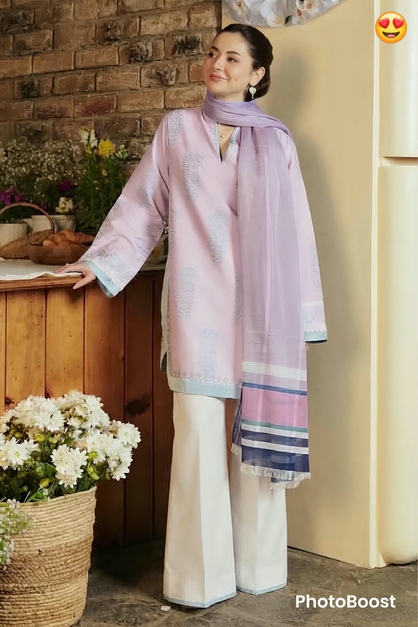 Tonal Motif 3-Piece Unstitched Suit with Striped Fringe Dupatta – Lilac