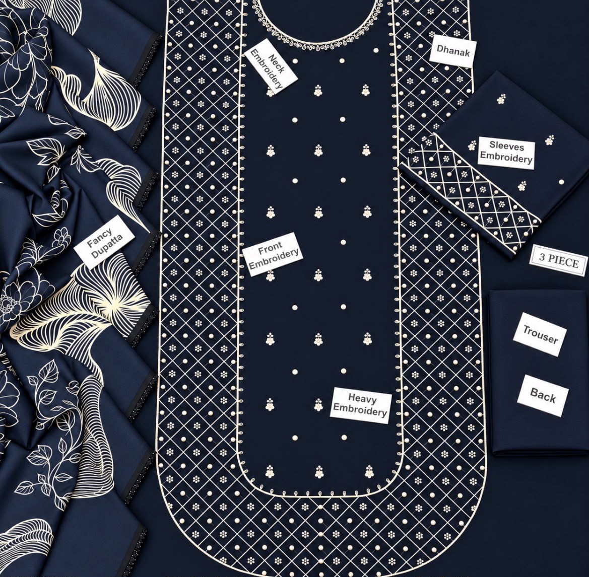 Lulusar Winter Collection 2026 Dhanak Embroidered 3-Piece Unstitched Suit with Digital Printed Shawl – Navy Blue (view 3)