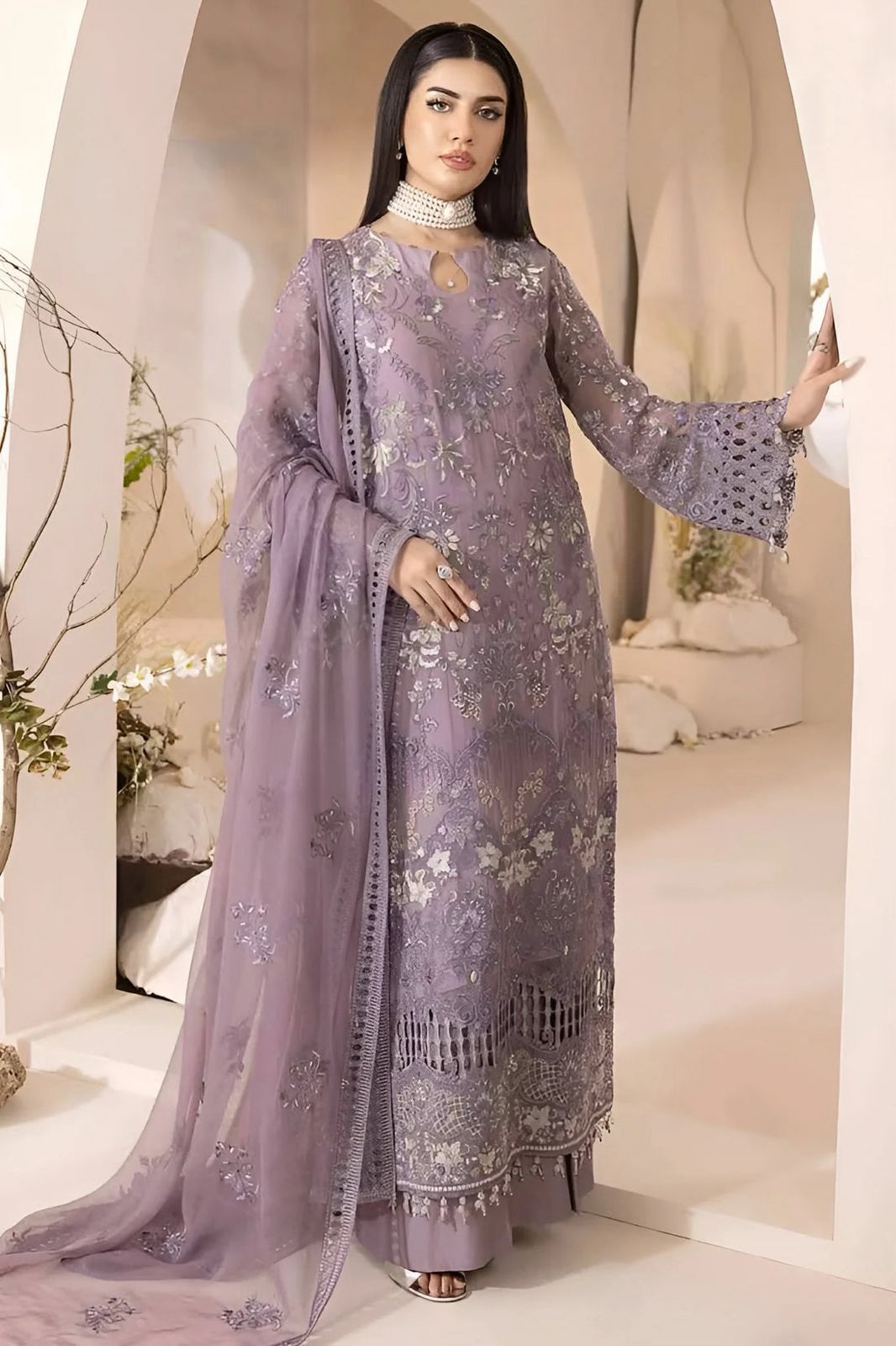 Luxury Chiffon Sequence Embroidered 3-Piece Unstitched Suit with Silk Trouser – Lilac