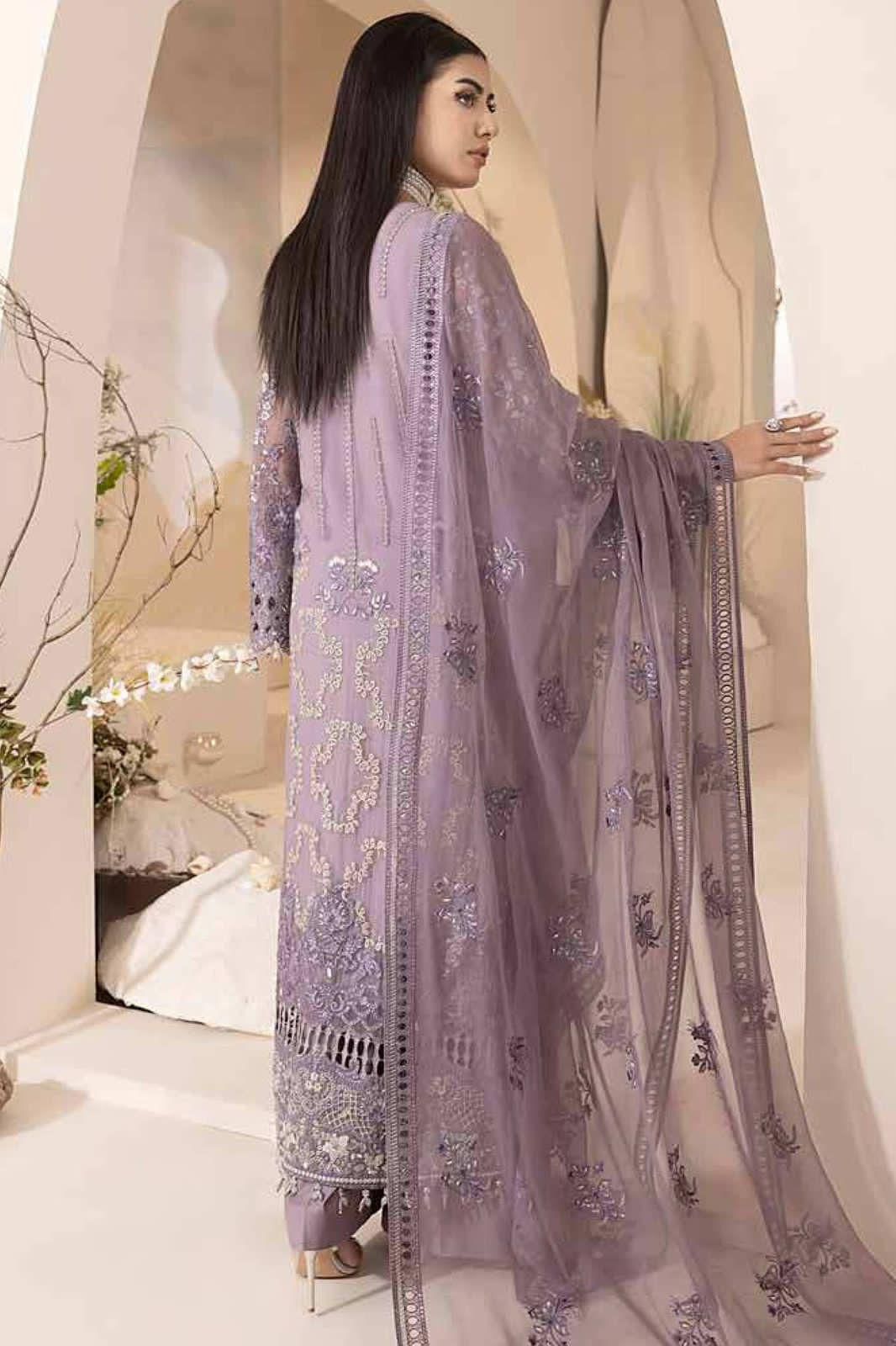 Luxury Chiffon Sequence Embroidered 3-Piece Unstitched Suit with Silk Trouser – Lilac (view 2)