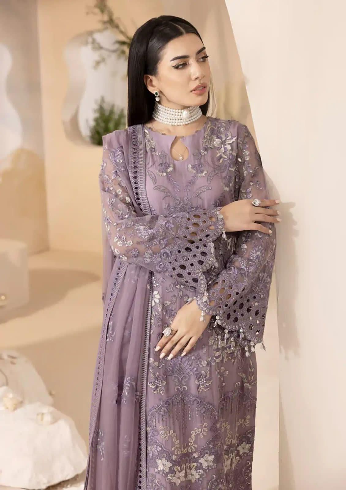 Luxury Chiffon Sequence Embroidered 3-Piece Unstitched Suit with Silk Trouser – Lilac (view 3)