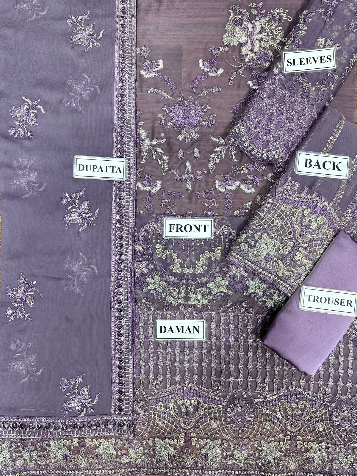 Luxury Chiffon Sequence Embroidered 3-Piece Unstitched Suit with Silk Trouser – Lilac (view 4)