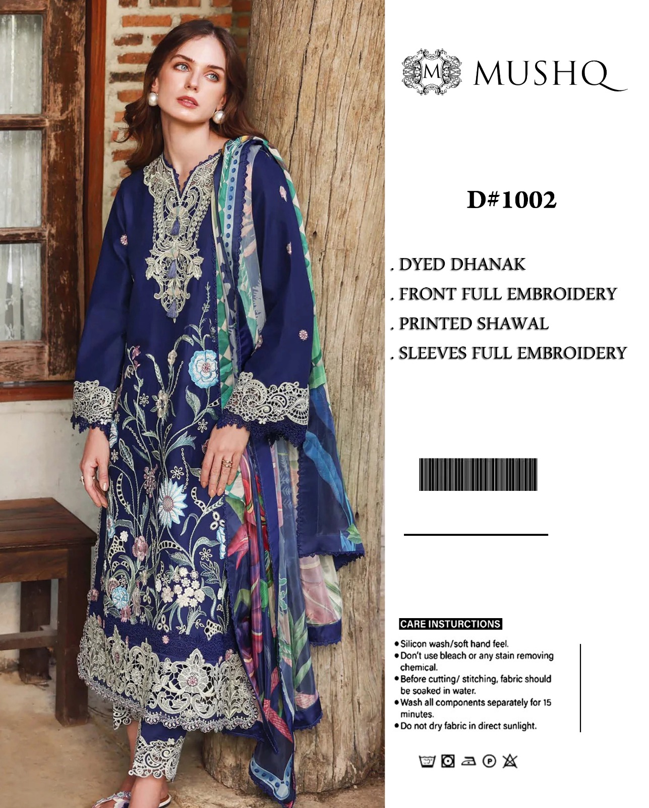 MUSHQ 1002 Luxury Dhanak 3-Piece Heavy Embroidered Unstitched Suit with Digital Printed Shawl – Royal Blue
