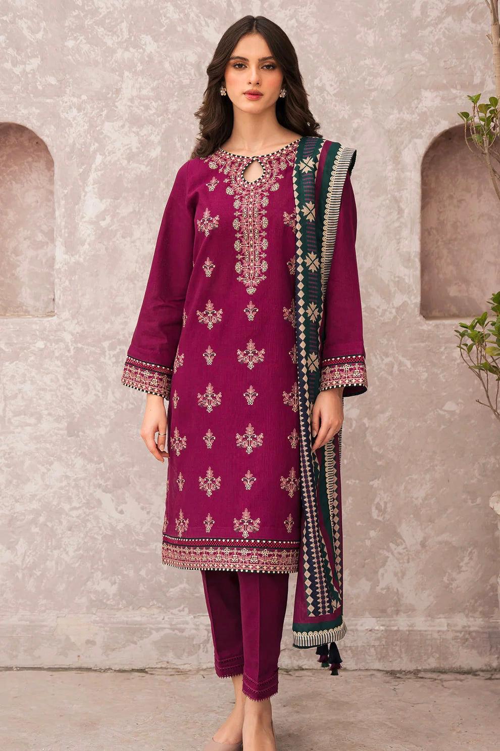 Magenta Embroidered 3-Piece Unstitched Suit with Keyhole Neckline & Printed Dupatta