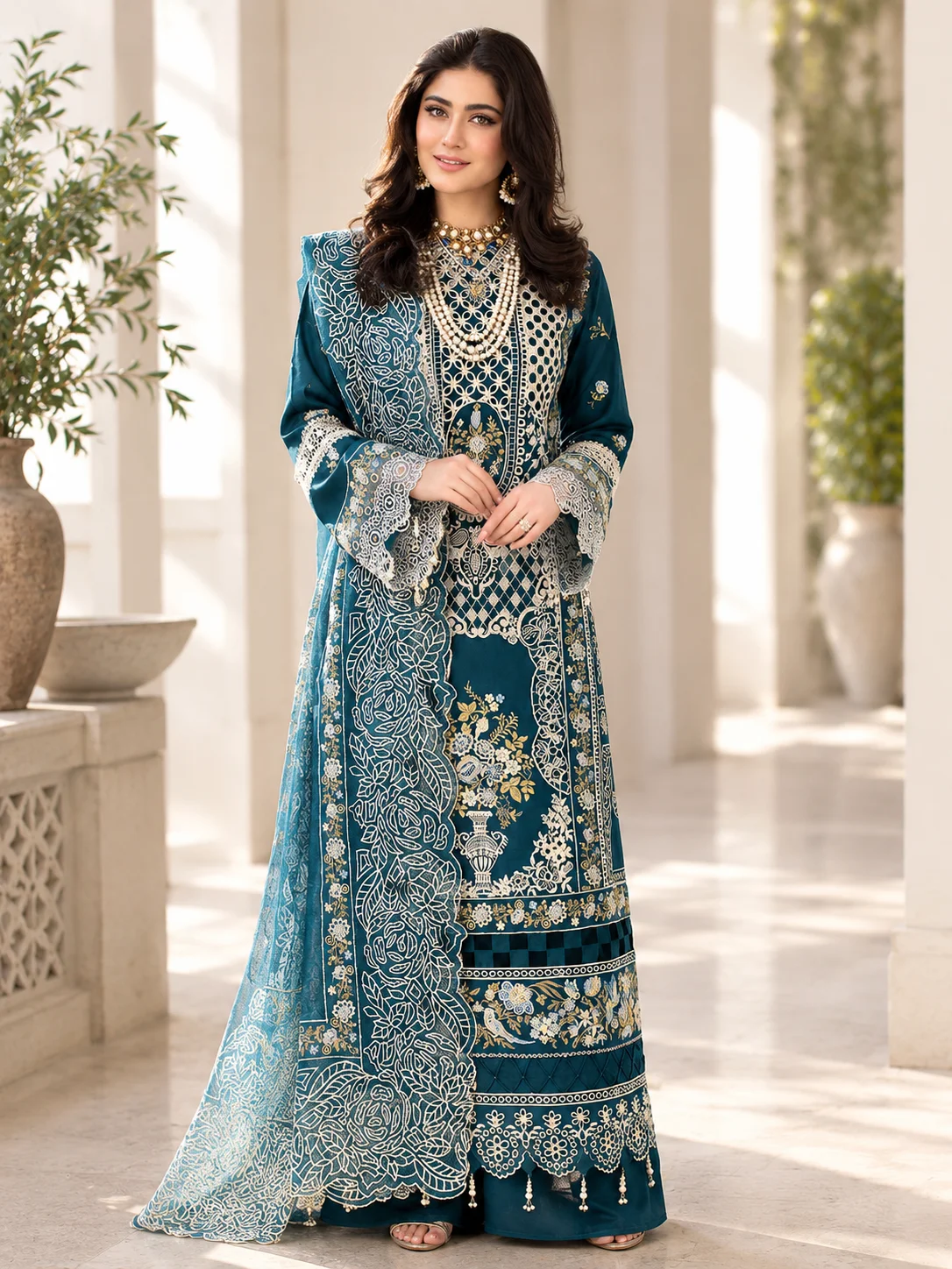 Mahnoor 7631 Winter Dhanak 3-Piece Heavy Embroidered Unstitched Suit – Teal Blue