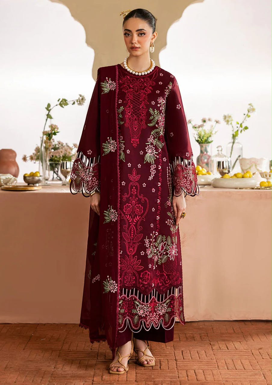 Mahnur 6525 Heavy Embroidered Dhanak 3-Piece Unstitched Winter Suit with Heavily Embroidered Shawl – Maroon