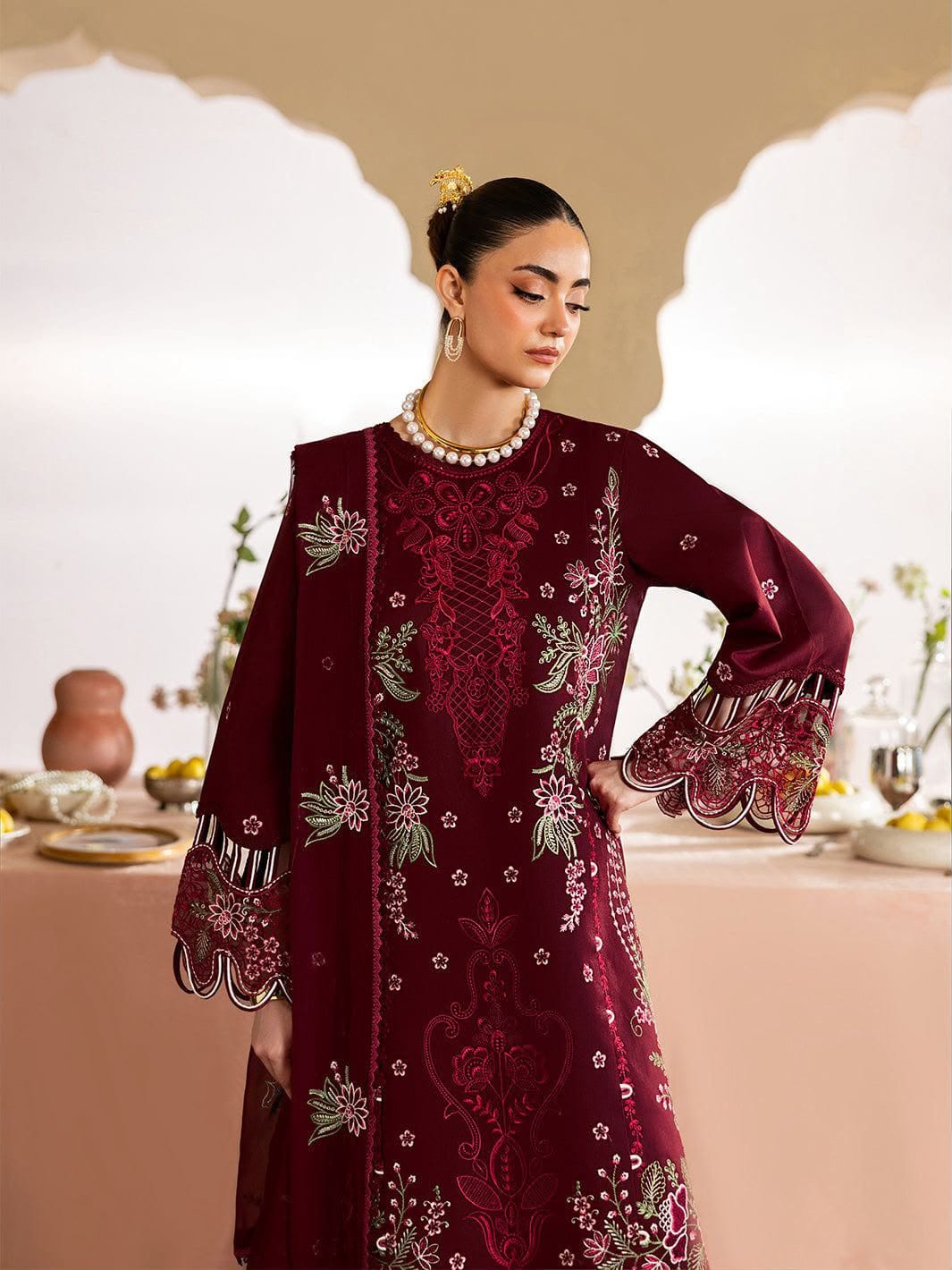 Mahnur Winter Dhanak 3-Piece Heavy Embroidered Unstitched Suit with Embroidered Shawl – Maroon