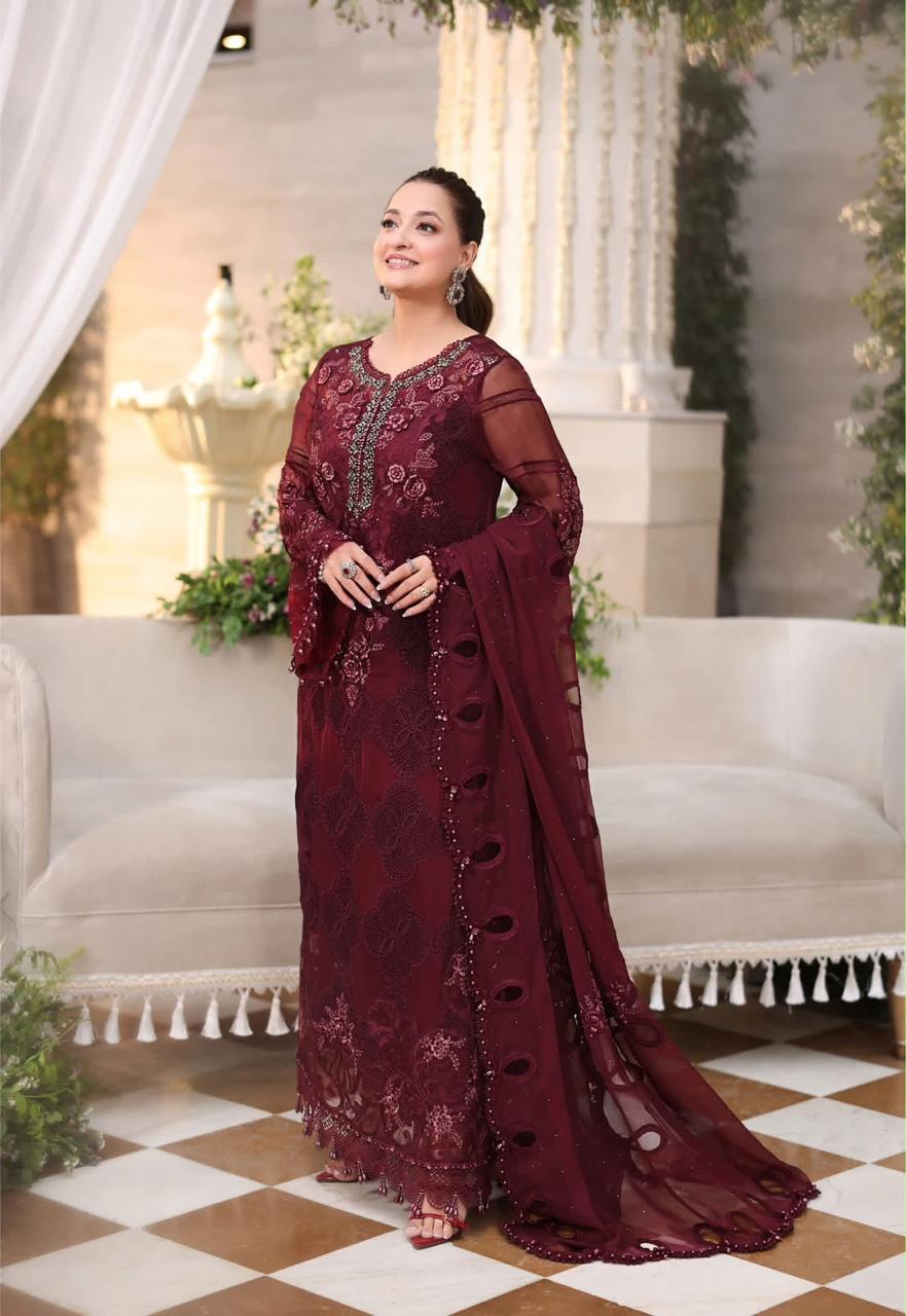 Maira B Heavy Embroidered Chiffon 3-Piece Unstitched Suit – 20K6 Maroon