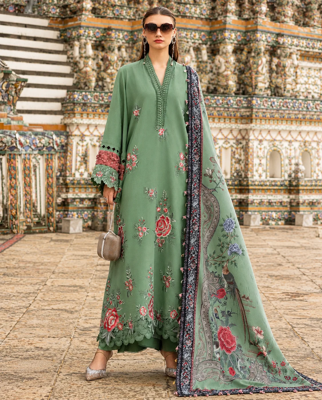 Maria B 2020 Luxury Dhanak 3-Piece Heavy Embroidered Unstitched Suit with Digital Printed Shawl – Sage Green