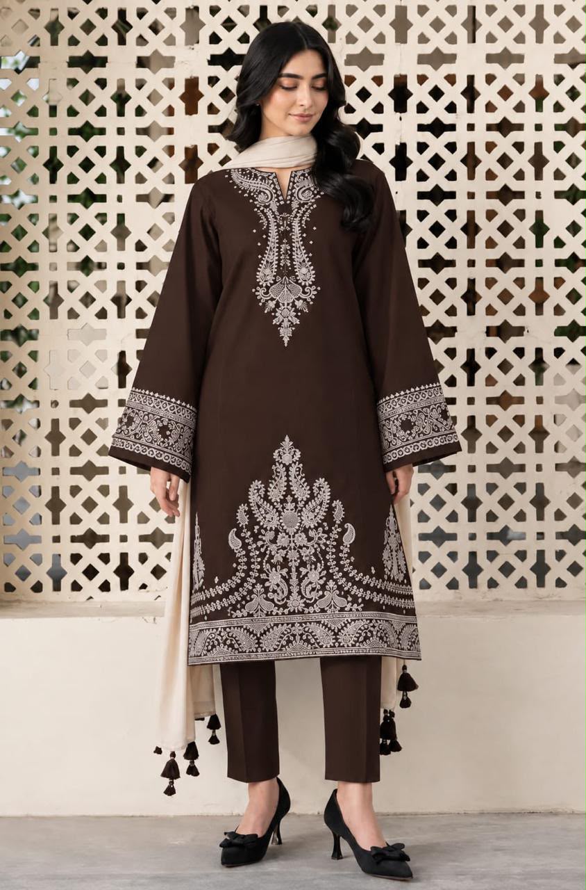 Maria B 5536 Winter Dhanak 3-Piece Heavy Multi-Head Embroidered Unstitched Suit with Embroidered Dhanak Wool Shawl – Chocolate Brown
