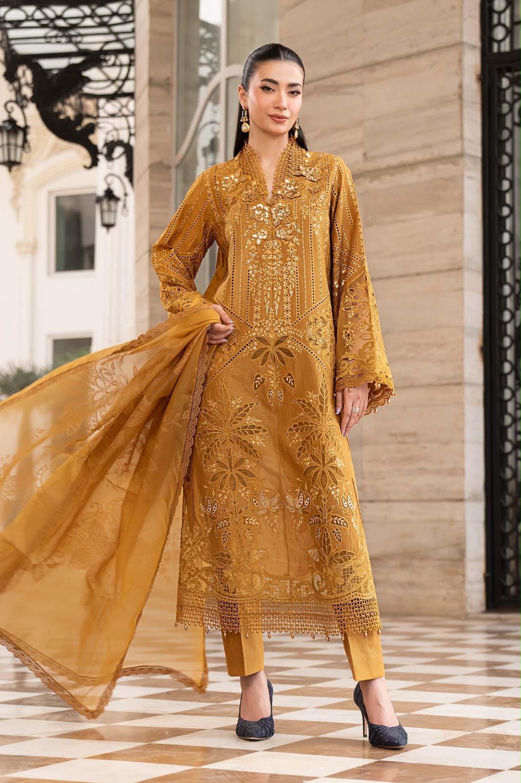 Maria B 6176 Luxury Heavy Sequence Embroidered Airjet Dhanak 3-Piece Unstitched Winter Suit with Embroidered Dupatta – Mustard