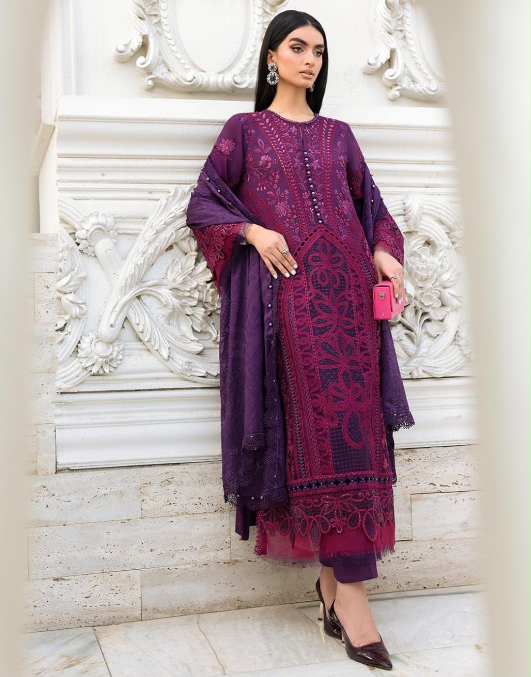 Maria.B Dhanak 3-Piece Embroidered Unstitched Suit with Ready-to-Wear Embroidered Shawl – Plum Purple