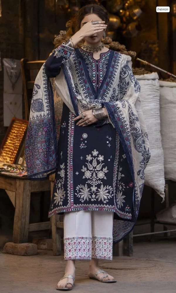 Maria B Luxury Dhanak Winter Collection 2026-27 Premium Dhanak Fully Heavy Embroidered 3-Piece Unstitched Suit with Digital Printed Wool Shawl – Navy Blue
