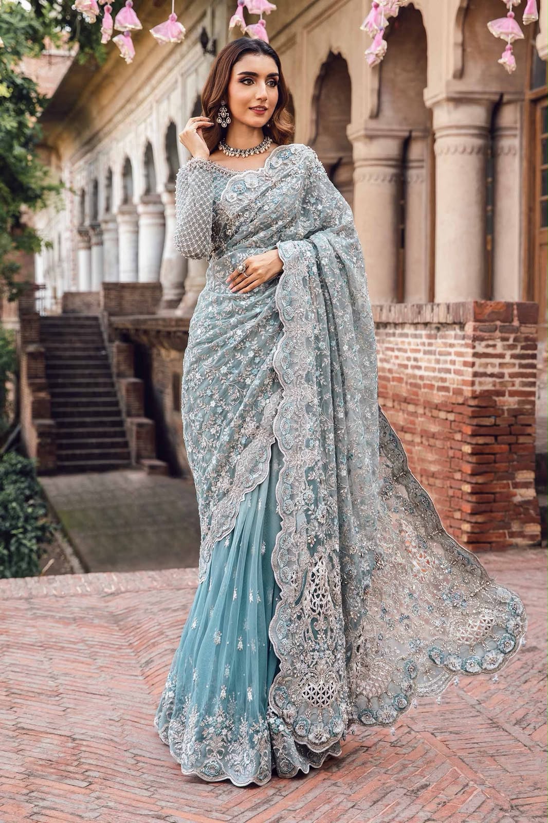 Maria B Replica Unstitched Net Saree with Satin Silk Trouser – Ice Blue