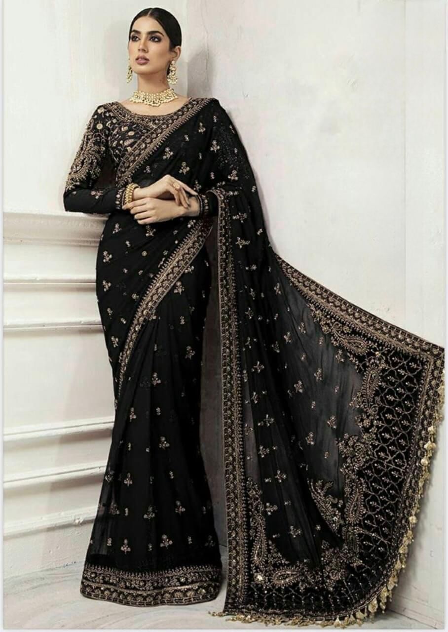 Maria B Wedding Collection Heavy Embroidered Net Saree – Black, Maroon, Blue & Green