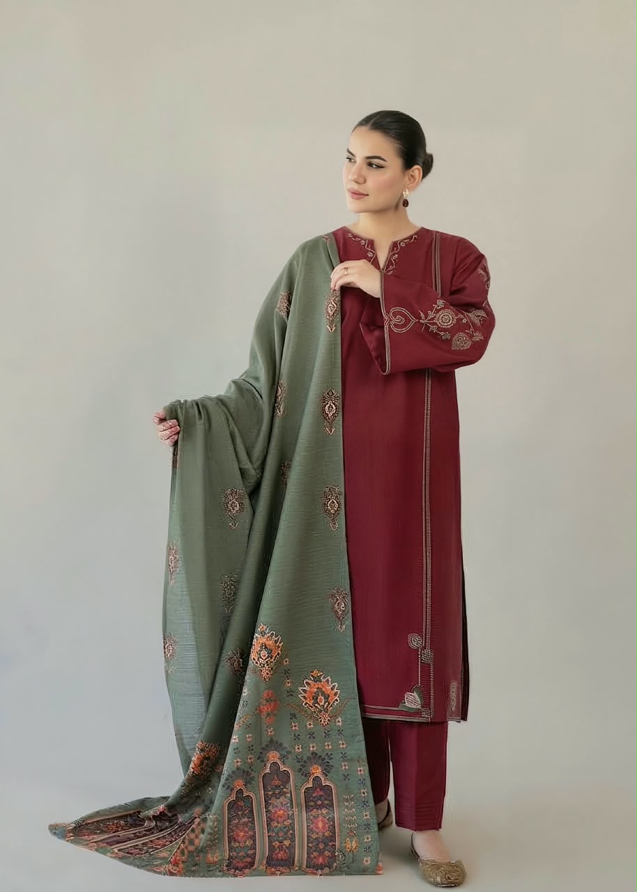 Maroon Embroidered 3-Piece Unstitched Suit with Sage Green Printed Shawl