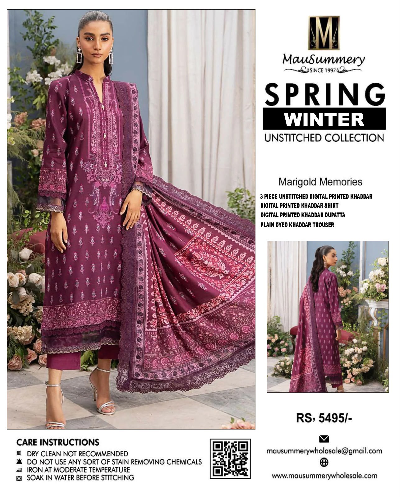 Mausummery Marigold Memories Digital Printed Khaddar 3-Piece Unstitched Winter Suit with Scalloped Lace – Berry Magenta
