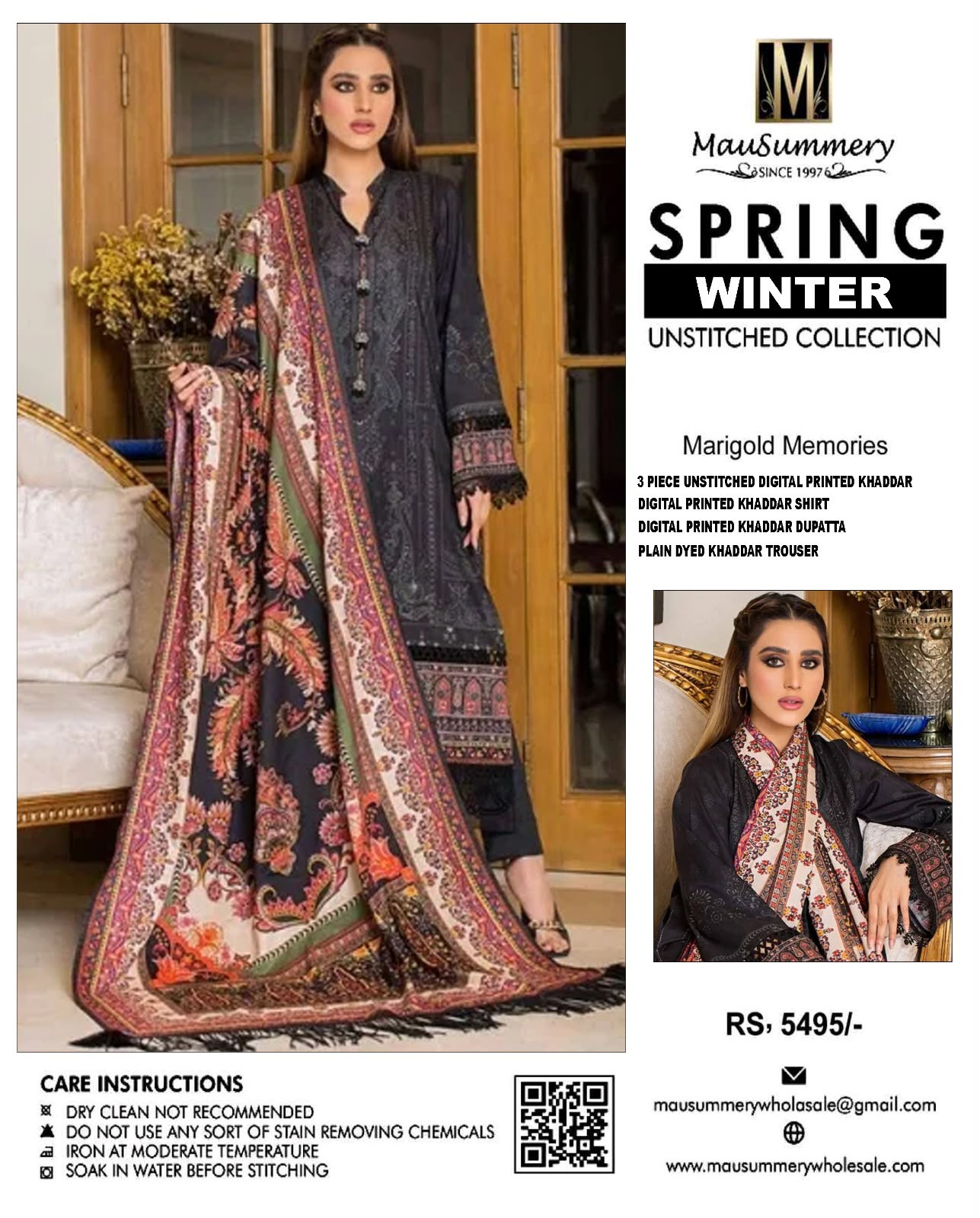 Mausummery Marigold Memories Digital Printed Khaddar 3-Piece Unstitched Winter Suit with Fringed Paisley Dupatta – Black