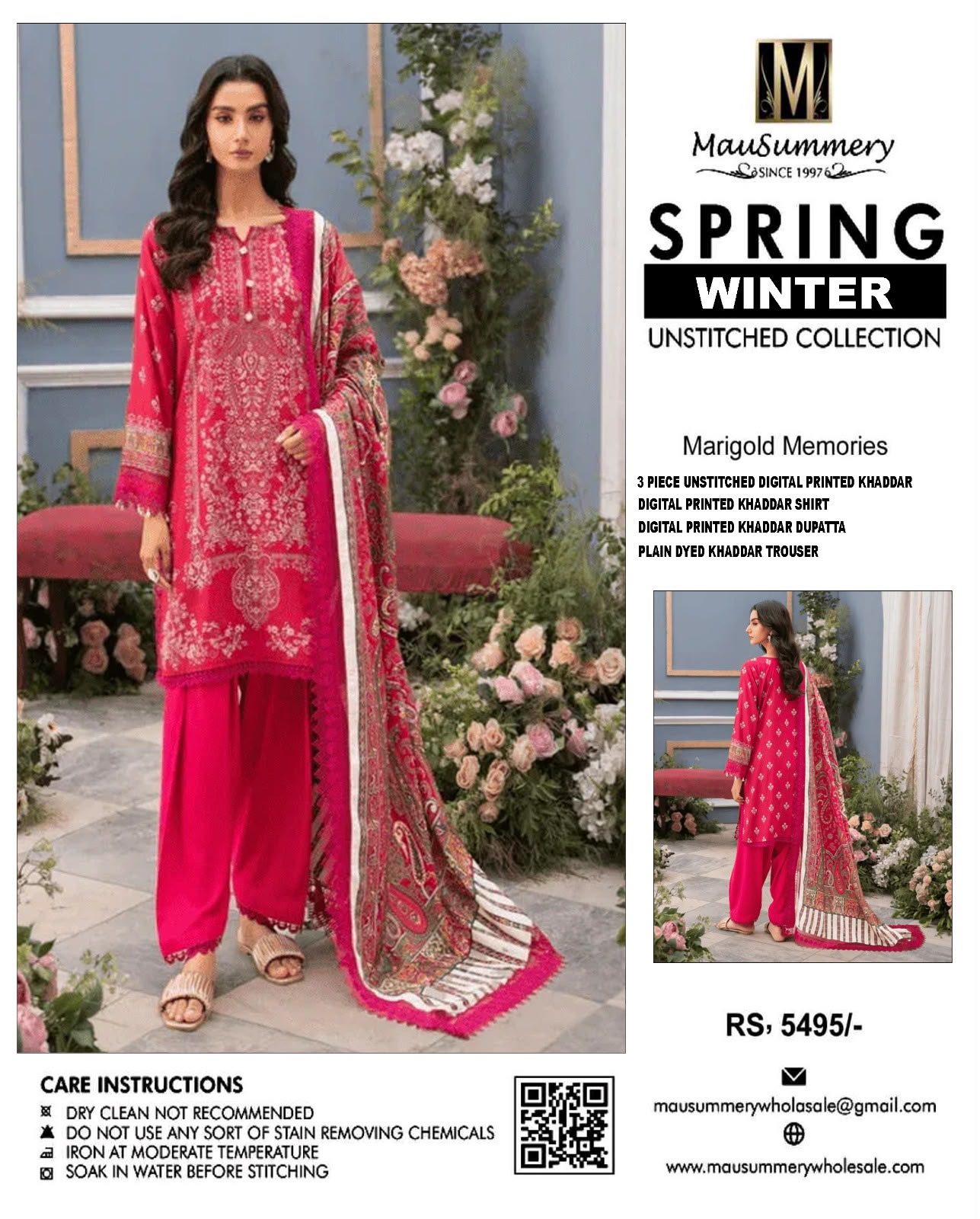 Mausummery Marigold Memories Digital Printed Khaddar 3-Piece Unstitched Winter Suit with Paisley Dupatta – Crimson Pink