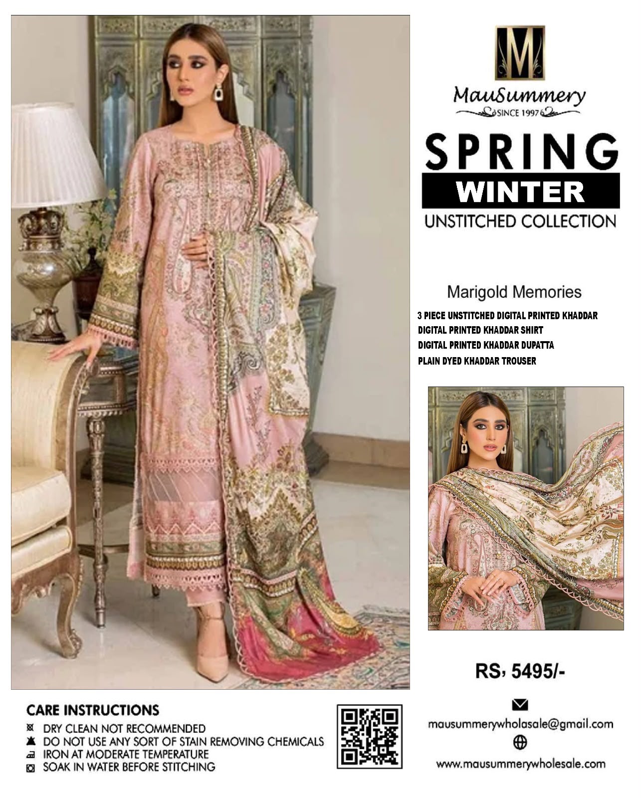Mausummery Marigold Memories Digital Printed Khaddar 3-Piece Unstitched Winter Suit with Lace Hem & Floral Dupatta – Dusty Pink