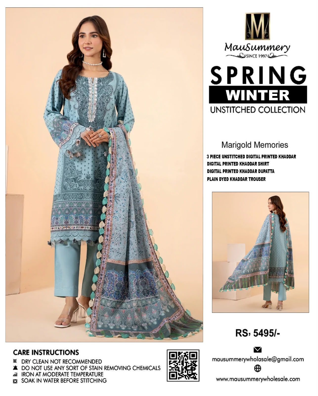 Mausummery Marigold Memories Digital Printed Khaddar 3-Piece Unstitched Winter Suit with Tassel Dupatta – Ice Blue