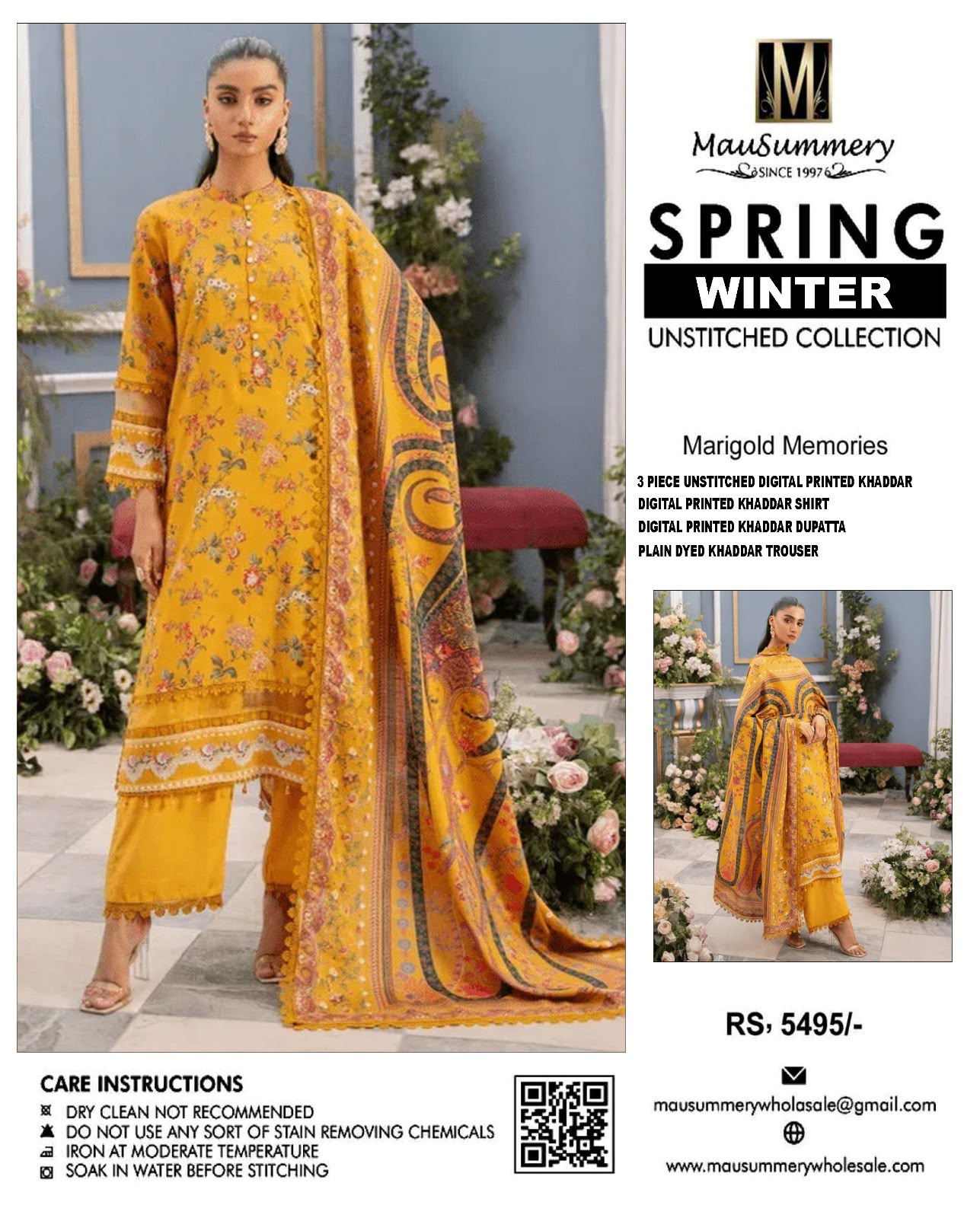 Mausummery Marigold Memories Digital Printed Khaddar 3-Piece Unstitched Winter Suit with Floral Print & Lace – Mustard Yellow