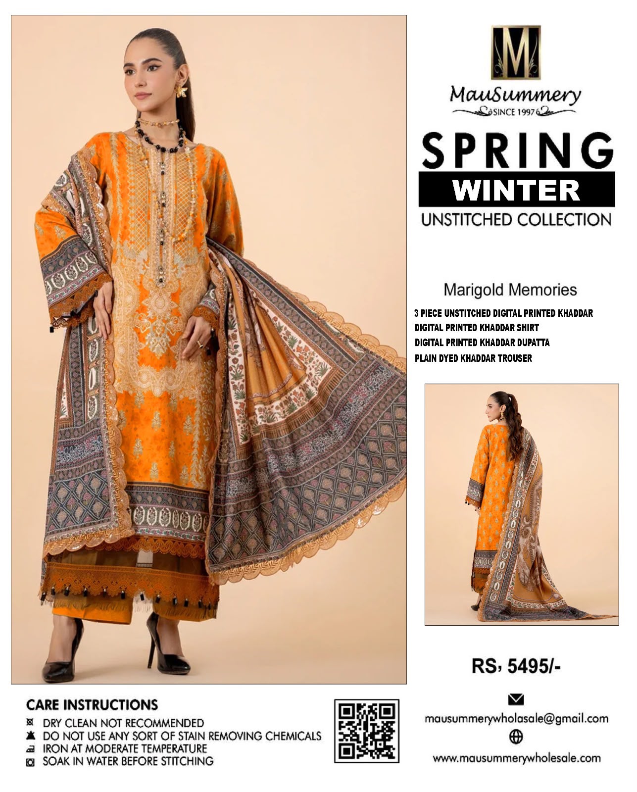 Mausummery Marigold Memories Digital Printed Khaddar 3-Piece Unstitched Winter Suit with Border Print Dupatta – Orange