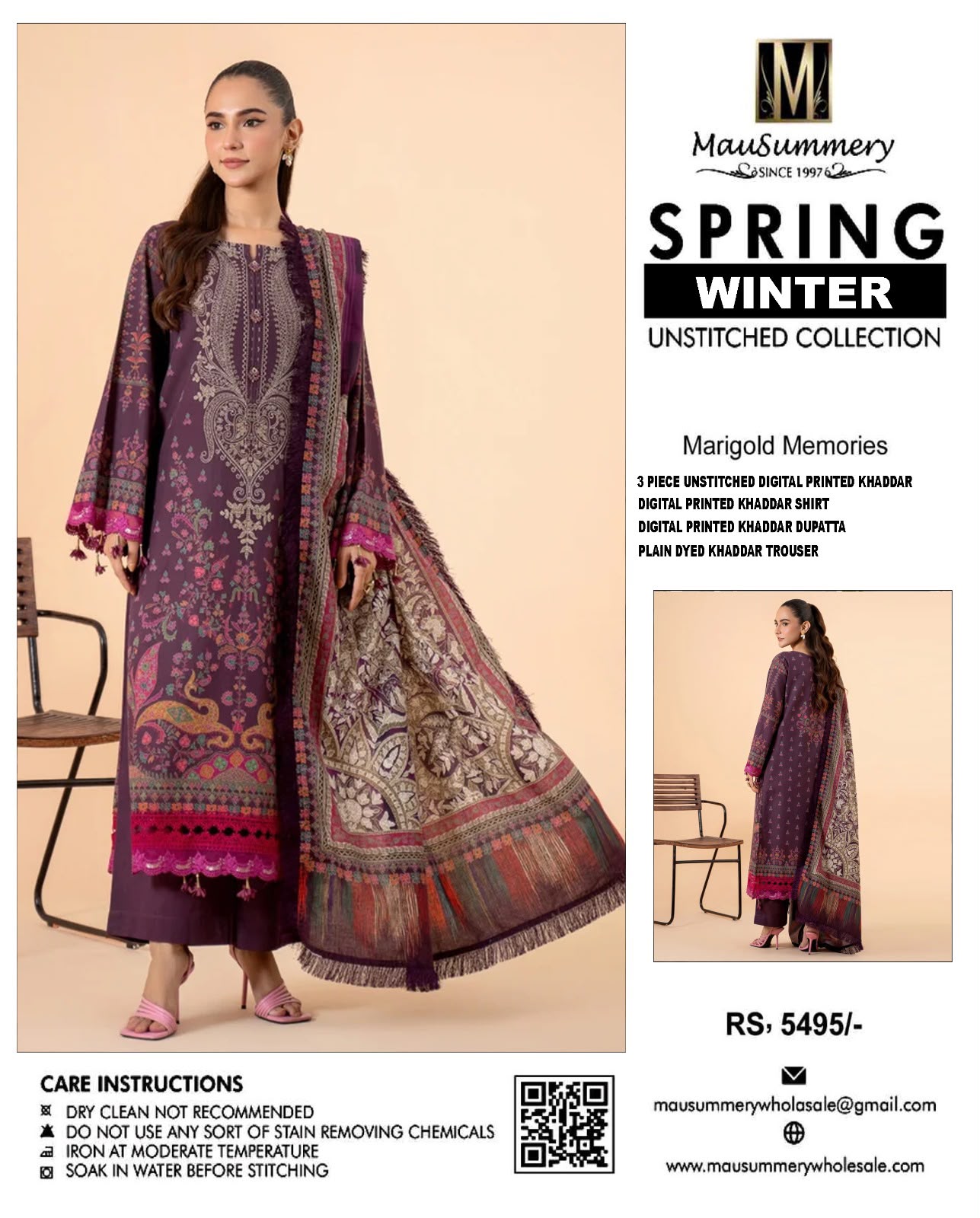 Mausummery Marigold Memories Digital Printed Khaddar 3-Piece Unstitched Winter Suit with Fringed Dupatta – Plum