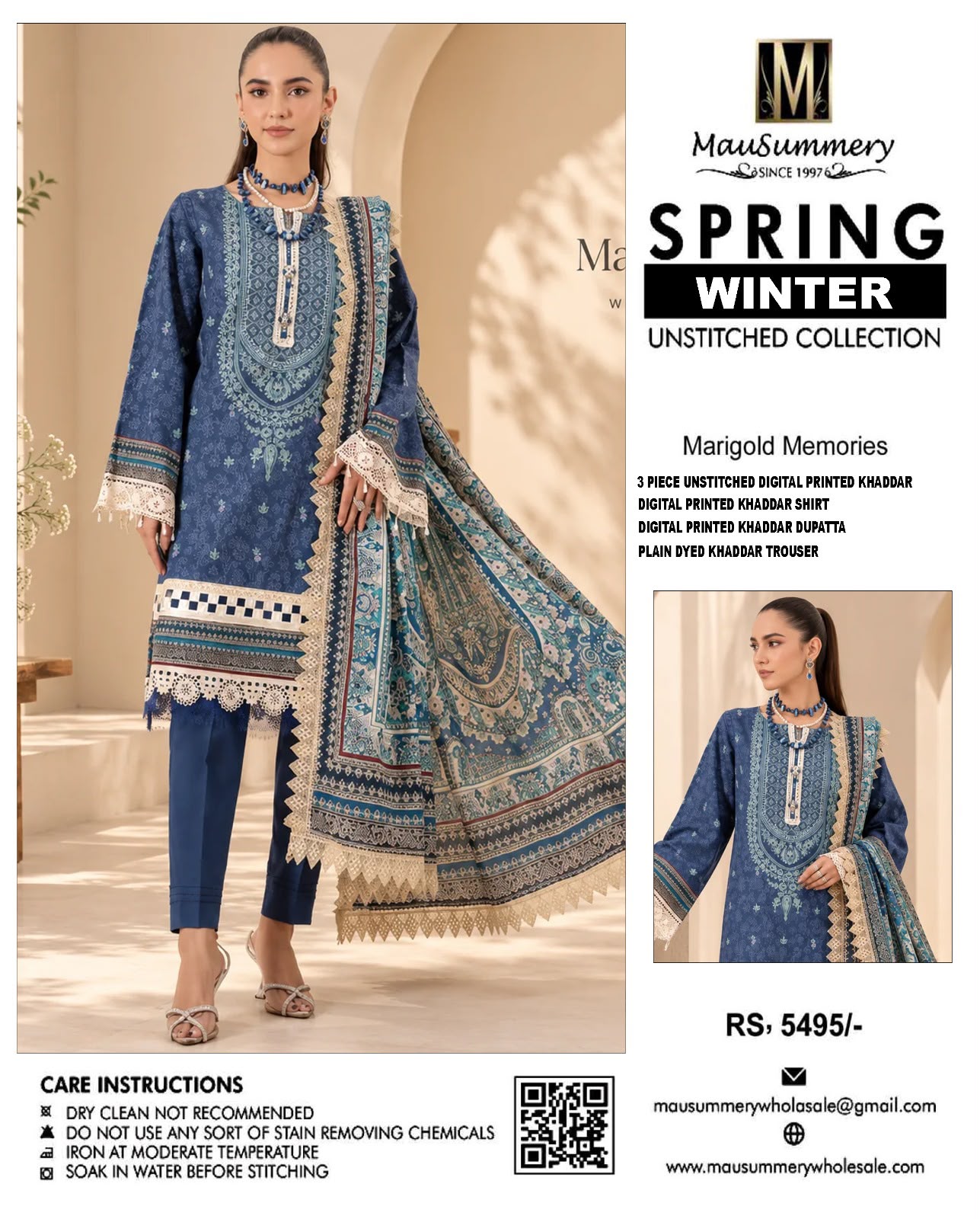 Mausummery Marigold Memories Digital Printed Khaddar 3-Piece Unstitched Winter Suit with Cream Lace – Royal Blue