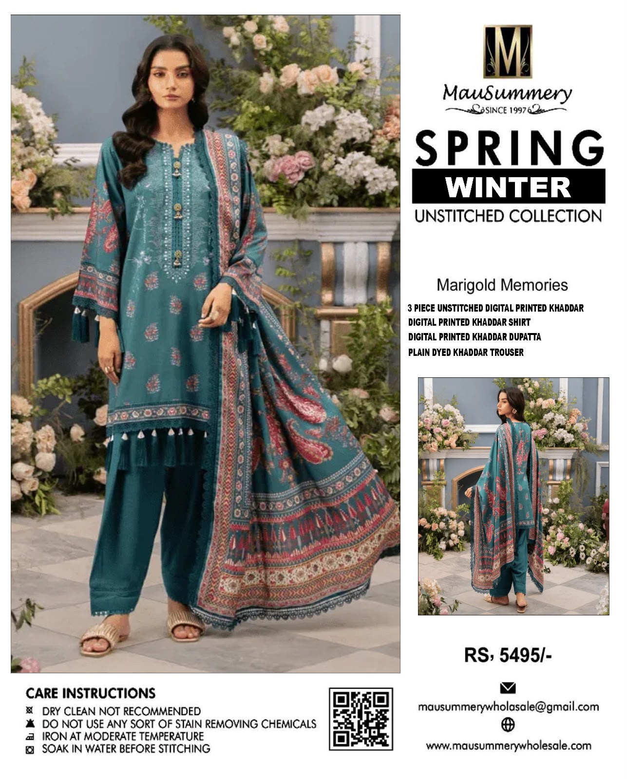 Mausummery Marigold Memories Digital Printed Khaddar 3-Piece Unstitched Winter Suit with Paisley Dupatta & Tassel Hem – Teal