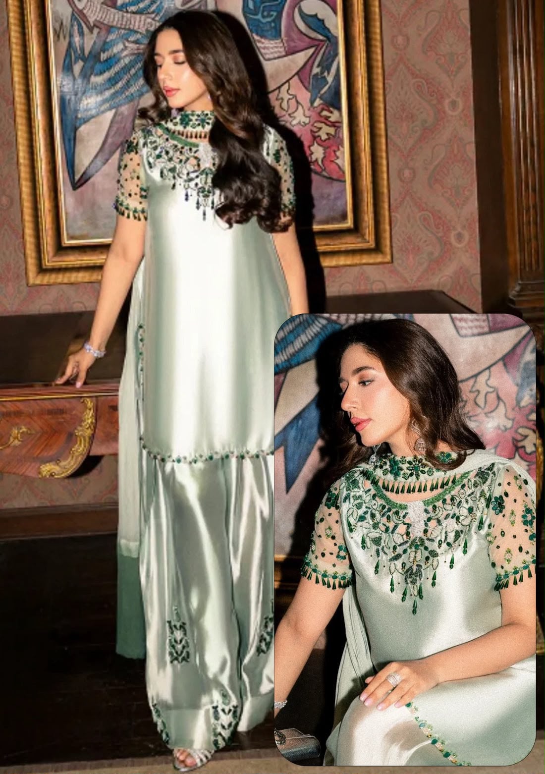 Murk Premium Shamoz Silk 3-Piece Heavy Embroidered Adda Work Suit – Mint