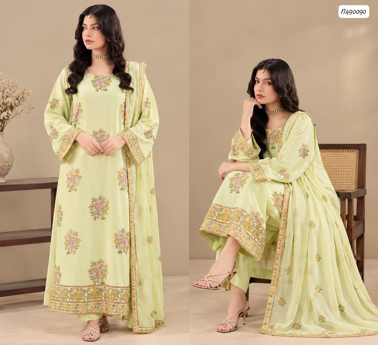 NF 3027 Premium Airjet Dhanak Fully Heavy Luxury Embroidered 3-Piece Unstitched Suit with Embroidered Dhanak Shawl and 4-Side Lace – Pistachio Green & Black