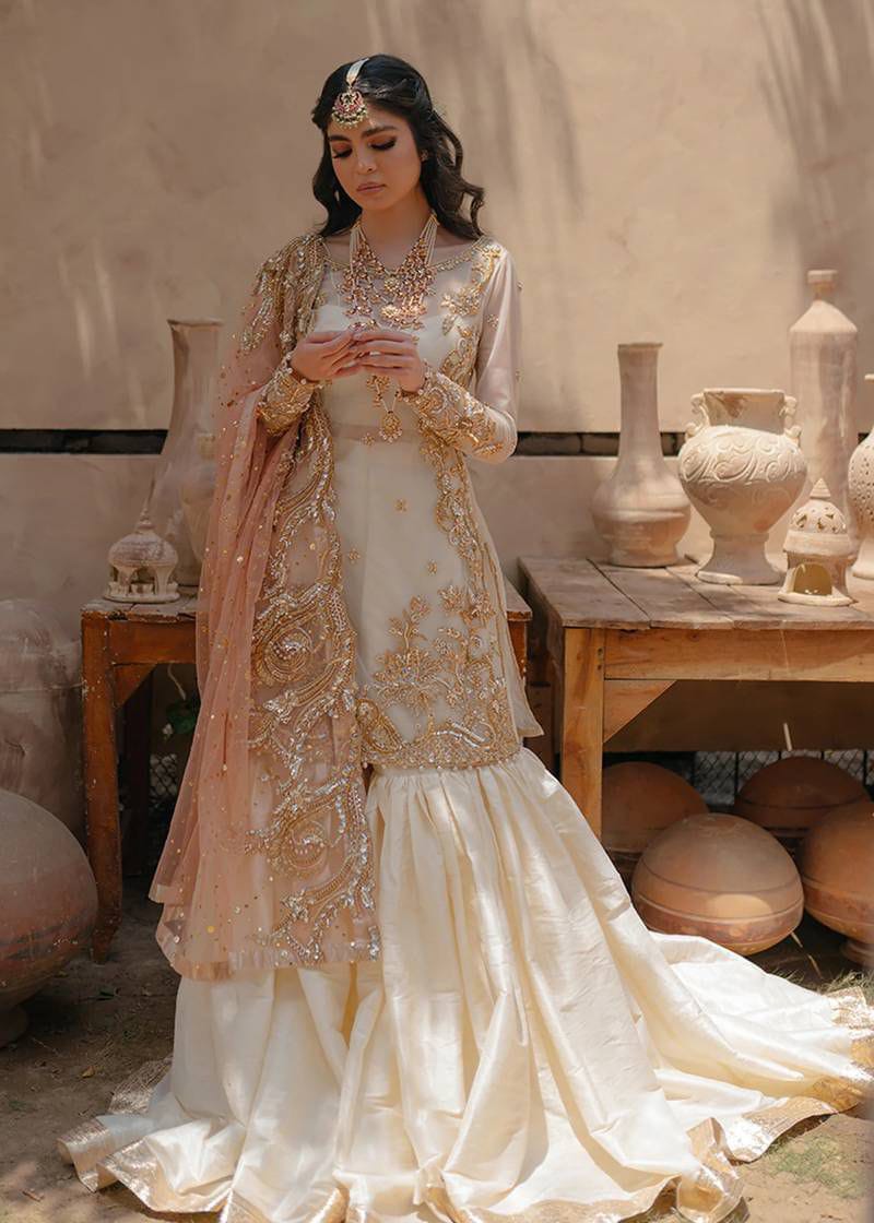 Nameera Wedding Wear Full Organza 3-Piece Unstitched Suit with Thread, Pearls, Sequence and Adda Work, Net Dupatta and Silk Trouser – Ivory