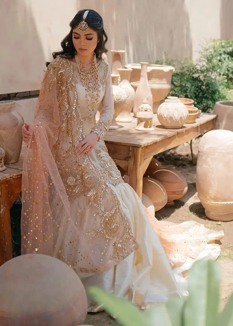 Nameera Wedding Wear Full Organza 3-Piece Unstitched Suit with Thread, Pearls, Sequence and Adda Work, Net Dupatta and Silk Trouser – Ivory (view 2)
